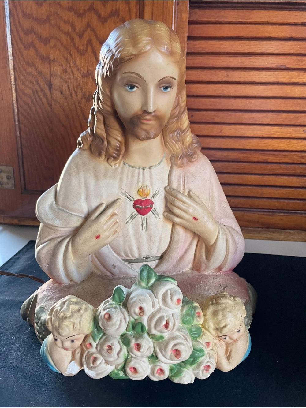 Vintage Sacred Heart Jesus Statue lamp with Floral Base - Pink, Cream, Green